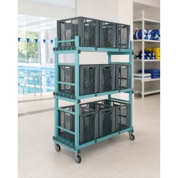 Chariot mobile PVC porte-caisses 9 bacs en environnement piscine