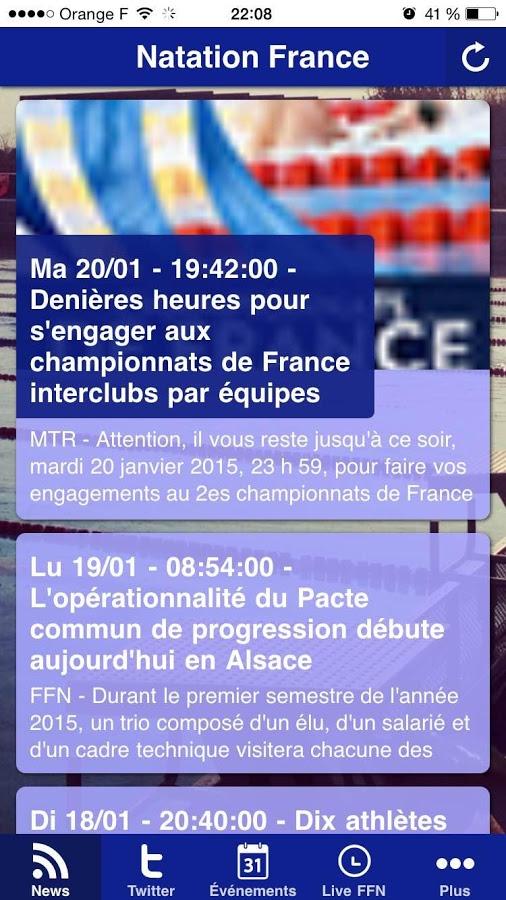 Capture d'écran application Natation France