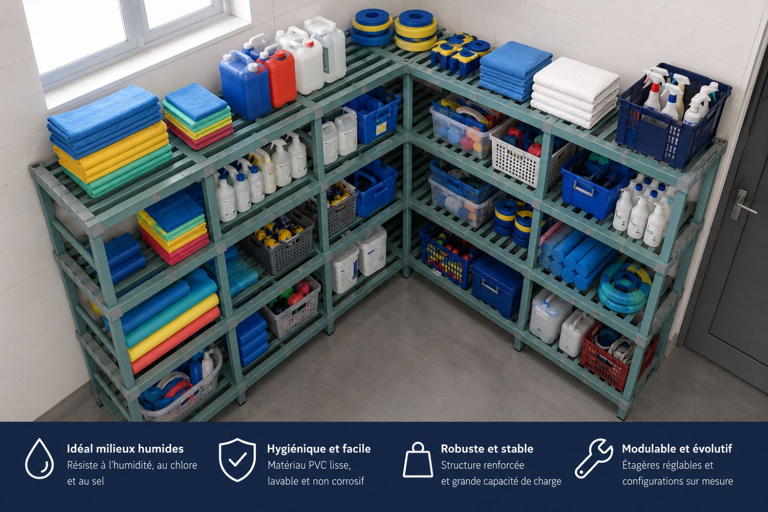 Rayonnage PVC professionnel d’angle installé dans un espace de stockage